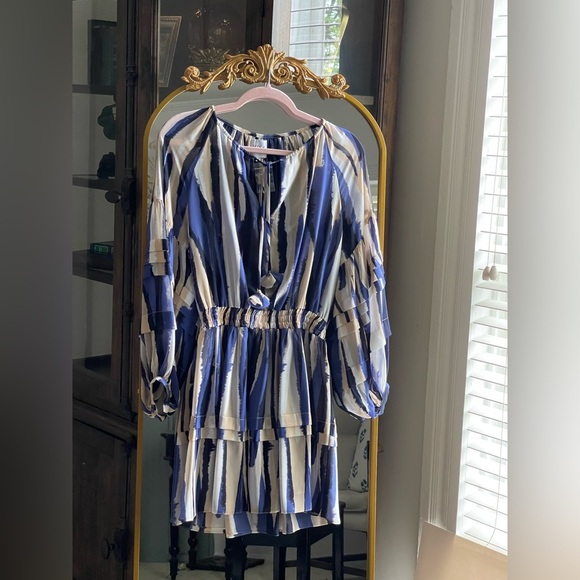 NWT MISA Los Angeles Karlina Blue and Cream Striped Women's Chiffon Mini Dress - Picture 1 of 12